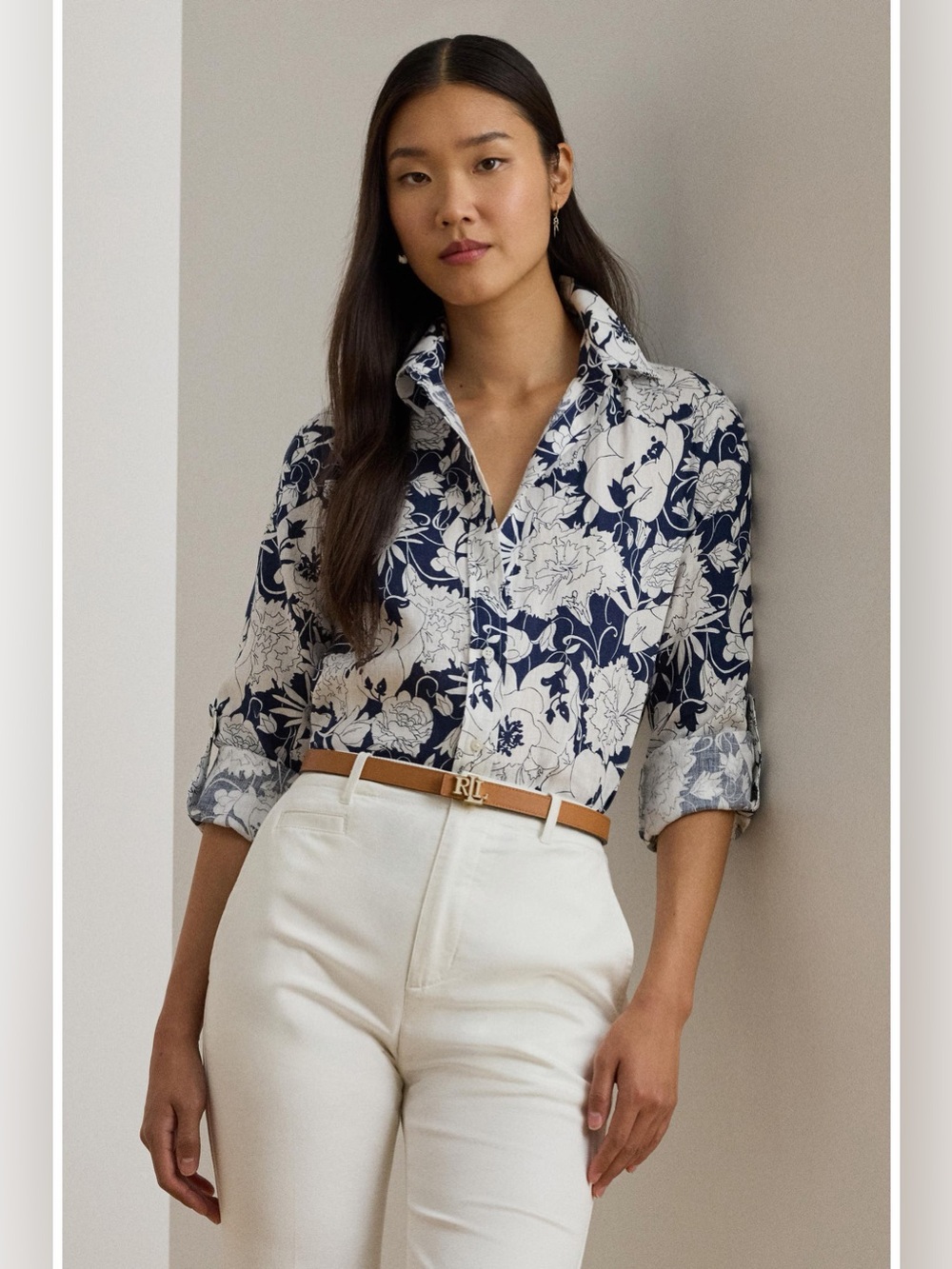 Lauren Ralph Lauren Karrie Floral Linen Button-Up Shirt Blouse Navy White XL